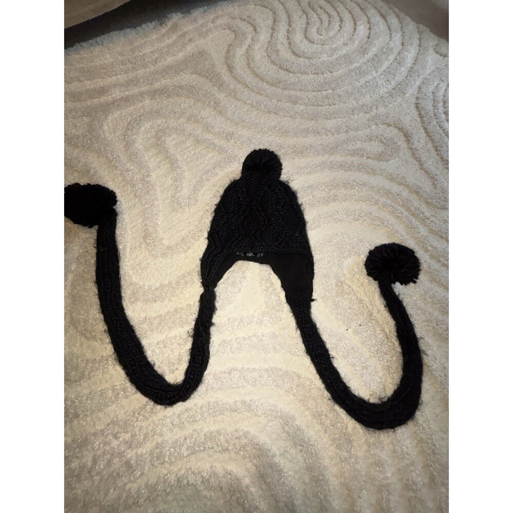 Papillon Black Knit Hat with Long Tassels with puff balls One Size Fits All